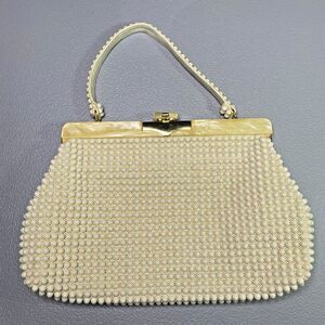 Vintage JEM Handbag Lucite Beaded Hand-Made British Hong Kong Cream Mid Century